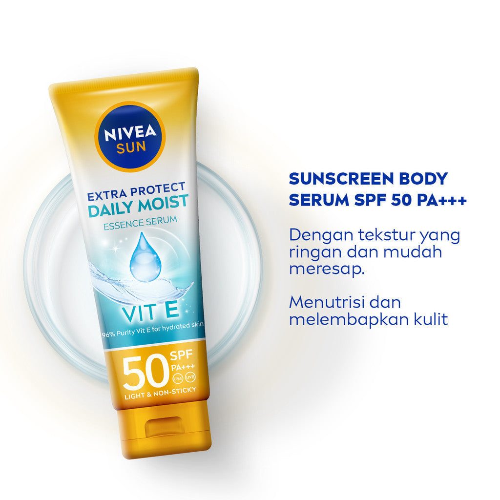 NIVEA SUN Sunscreen Body Serum Daily Glow Essence Serum SPF50+ PA+++ 180ml - Sunscreen badan serum sunblock melmebapkan lembab SPF UV harian lightweight tekstur ringan cepat meresap tidak lengket no whitecast blue light polusi - 96% Vitamin E