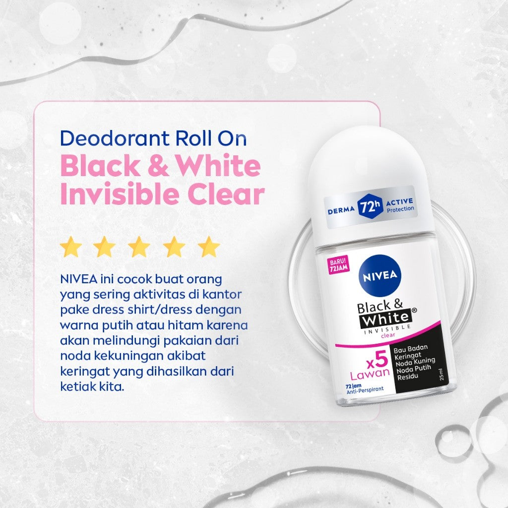 NIVEA Deodorant Roll On Black & White Invisible Original 25ml - Deodoran wanita melawan bau badan tahan keringat anti noda residu dengan wangi segar tahan lama seharian - Antiperspiran, tidak mengandung ethyl alkohol cocok untuk semua jenis kulit