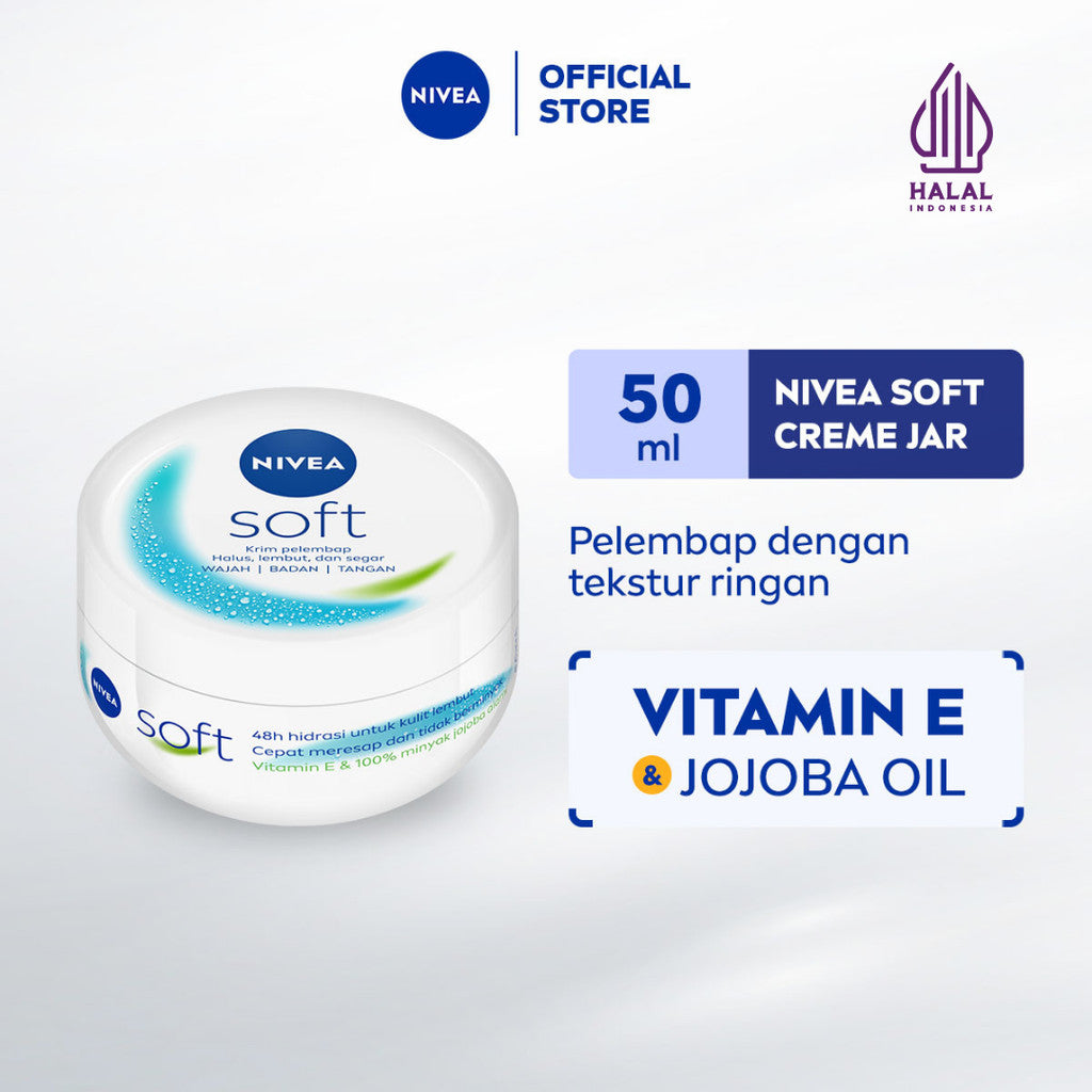 NIVEA Cream Moisturizer Soft Creme Jar 50ml - Hand body krim cream lotion mositurizer multifungsi jar putih body care kulit kering kasar badan wajah muka sikut tumit memperbaiki skin barrier pelembab melembutkan badan halus - Vitamin E, Jojoba Oil