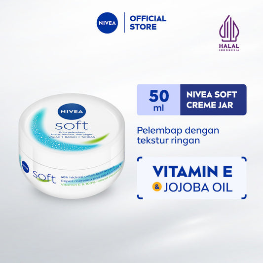 NIVEA Cream Moisturizer Soft Creme Jar 50ml - Hand body krim cream lotion mositurizer multifungsi jar putih body care kulit kering kasar badan wajah muka sikut tumit memperbaiki skin barrier pelembab melembutkan badan halus - Vitamin E, Jojoba Oil