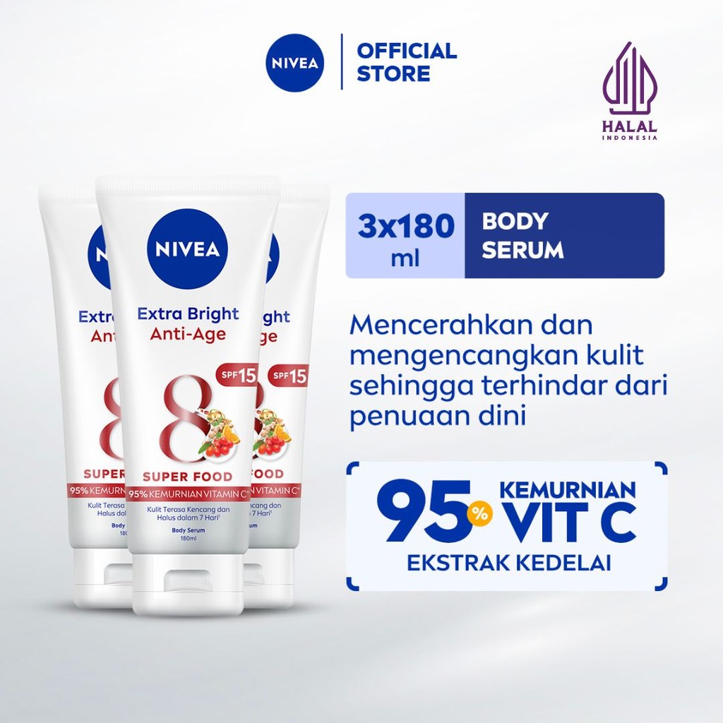(PAKET HEMAT ISI 3) NIVEA Body Serum Extra Bright Anti Age SPF 15 180ml - Hand body serum moisturizer mencerahkan kulit halus lembut badan mengencangkan kulit kendur melembabkan kering anti aging penuaan dini - 95% Vitamin C, UVA UVB Filter, 8 Super food