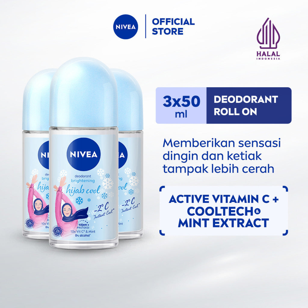 (PAKET HEMAT ISI 3) NIVEA Deodorant Roll On Brightening Hijab Cool 50ml - Deodoran wanita hijab halal mencerahkan brightening kulit ketiak tahan keringat bau badan sensasi dingin instant wangi segar seharian - Antiperspiran, Ekstrak Mint, Halal