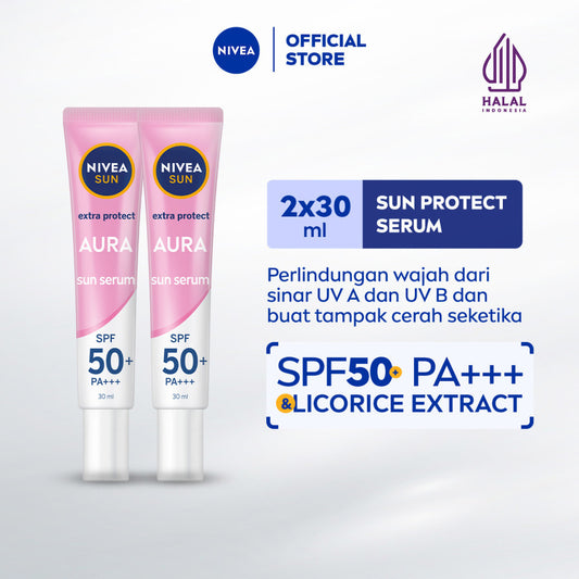 (PAKET HEMAT ISI 2) NIVEA SUN Sunscreen Face Serum Extra Protect Instant Aura SPF50+ PA+++ 30ml - Sunscreen wajah serum sunblock mencerahkan brightening tone up SPF UV lightweight tekstur ringan cepat meresap tidak lengket no whitecast - Licorice Extract