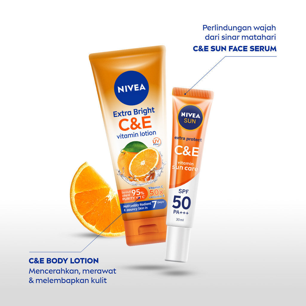 NIVEA Body Lotion Extra Bright C&E Vitamin Lotion UV Filter 180ml - Hand body serum lotion moisturizer mencerahkan kulit kusam badan glowing brightening tone up melembabkan kering - 50x Vitamin C & E, UVA UVB Filter