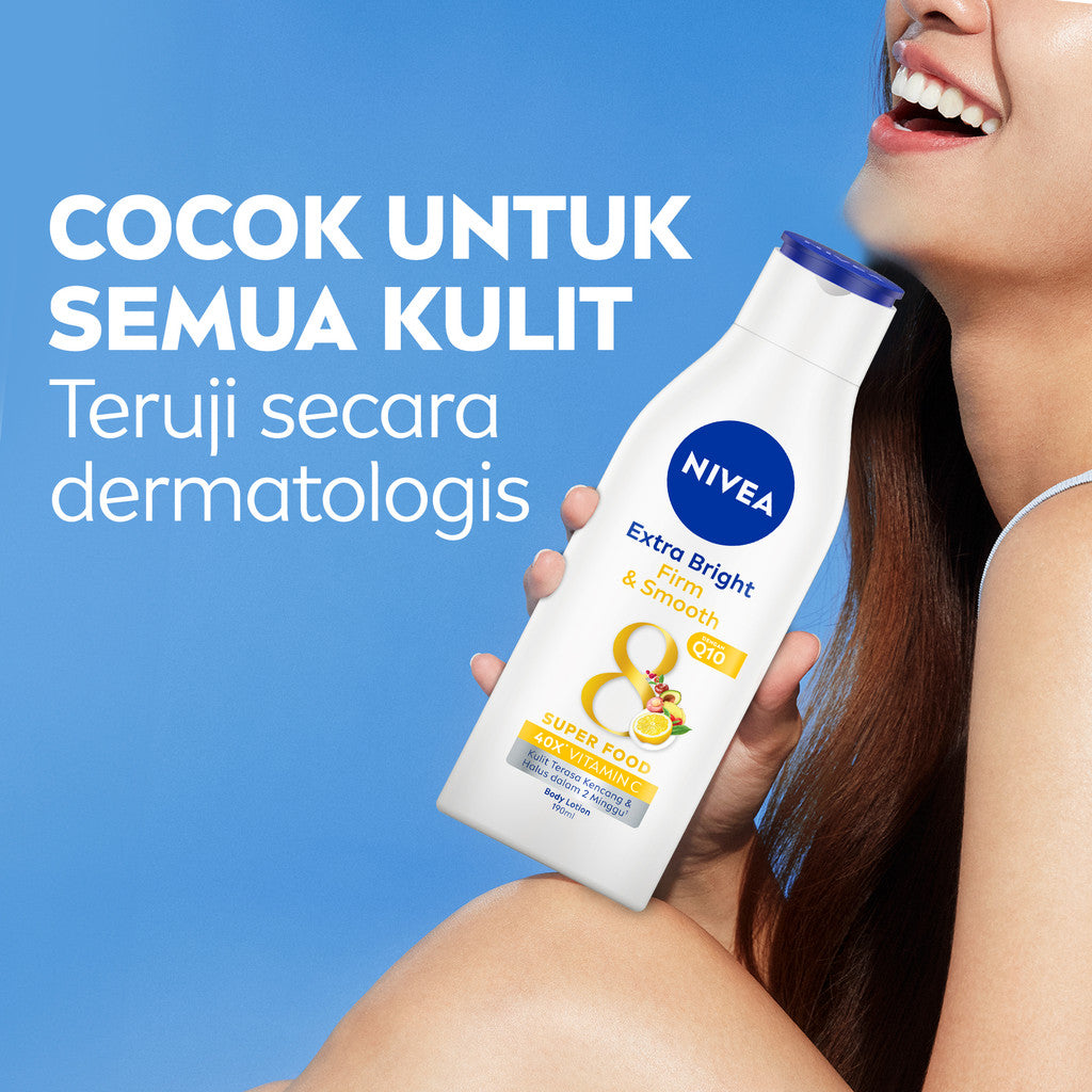 NIVEA Body Lotion Extra Bright Firm & Smooth Q10 190ml - Hand body lotion moisturizer mencerahkan kulit halus lembut badan mengencangkan kulit kendur kencang melembabkan kering anti aging penuaan dini - 40x Vitamin C, UVA UVB Filter, 8 Super food