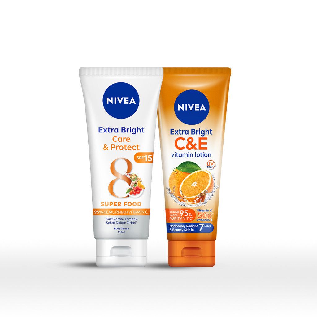 NIVEA Extra Bright Booster Day Set - C&E Body Lotion + Care & Protect Body Serum