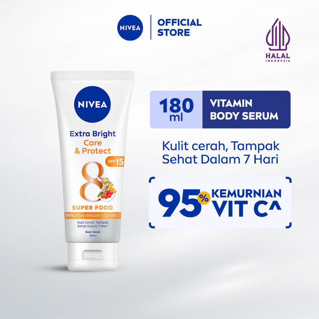 NIVEA Body Serum Extra Bright Care & Protect SPF 15 180ml - Hand body serum lotion moisturizer mencerahkan kulit kusam badan glowing brightening tone up melembabkan kering SPF UV matahari sunscreen - 95% Vitamin C, Grapeseed Oil, 8 Super food