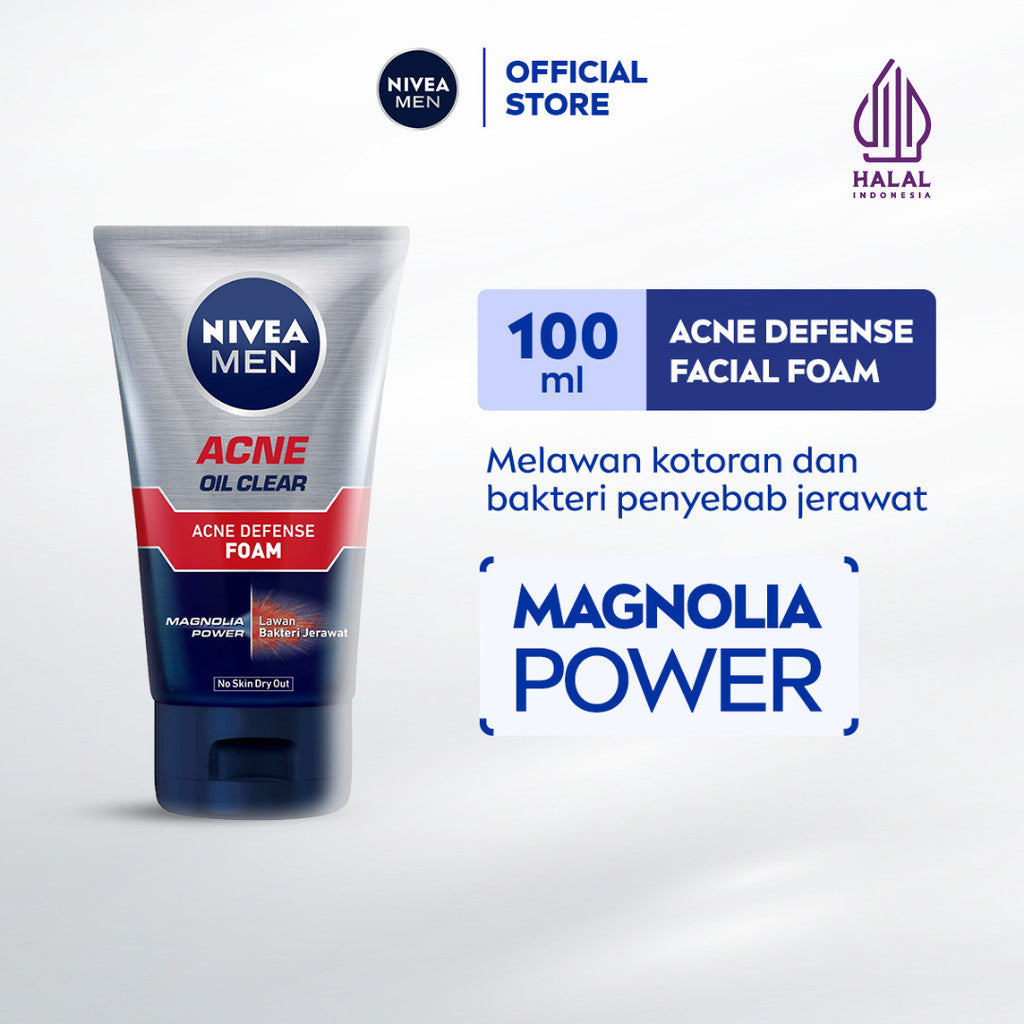NIVEA MEN Facial Foam Oil Clear Acne Defense 100ml - Sabun cuci muka pria bebas jerawat anti bakteri pembersih wajah kulit berminyak face wash oily acne prone skin membersihkan komedo mengecilkan pori - Magnolia Power, L-Carnitine