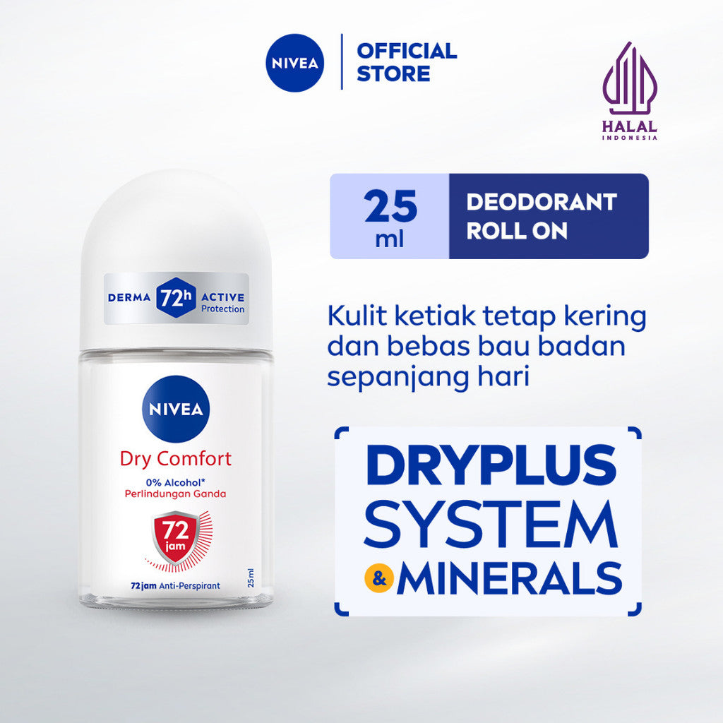 NIVEA Deodorant Roll On Dry Comfort 25ml - Deodoran wanita kering mengontrol minyak anti bau keringat dan bakteri dengan aroma lembut segar tahan lama seharian - Antiperspiran, tidak mengandung ethyl alkohol cocok untuk semua jenis kulit