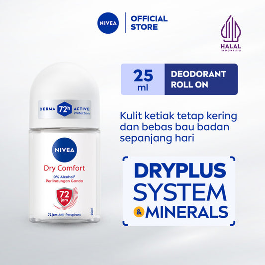 NIVEA Deodorant Roll On Dry Comfort 25ml - Deodoran wanita kering mengontrol minyak anti bau keringat dan bakteri dengan aroma lembut segar tahan lama seharian - Antiperspiran, tidak mengandung ethyl alkohol cocok untuk semua jenis kulit