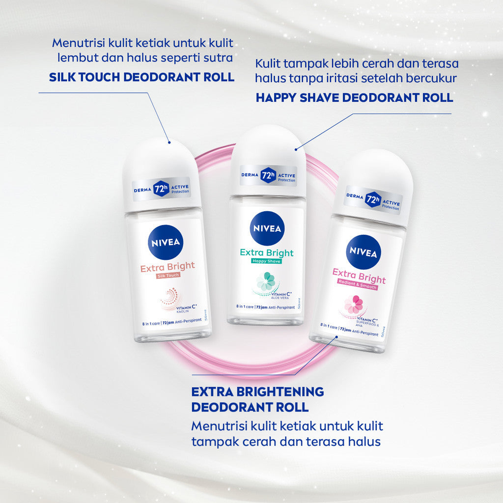 NIVEA Deodorant Roll On Extra Bright Radiant & Smooth 50ml - Deodoran wanita mencerahkan ketiak brightening glowing wangi segar tahan lama seharian anti bau badan keringat - Vitamin C, Ekstrak Licorice, 0% alkohol cocok semua jenis kulit
