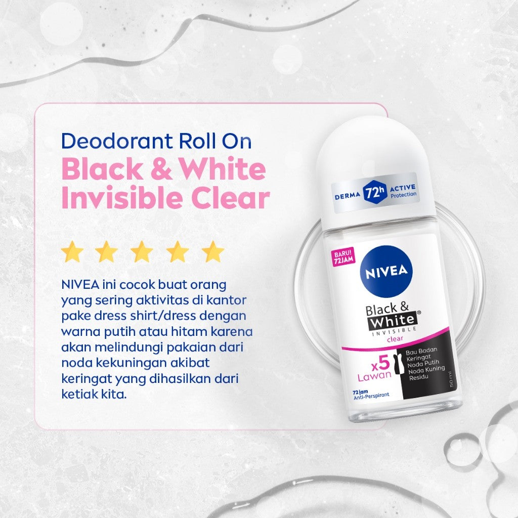 NIVEA Deodorant Roll On Black & White Invisible Original 50ml - Deodoran wanita melawan bau badan tahan keringat anti noda residu dengan wangi segar tahan lama seharian - Antiperspiran, tidak mengandung ethyl alkohol cocok semua jenis kulit