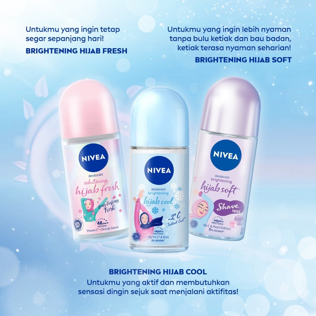 NIVEA Deodorant Roll On Brightening Hijab Cool 50ml - Deodoran wanita hijab halal mencerahkan brightening kulit ketiak tahan keringat bau badan sensasi dingin instant wangi segar tahan lama seharian - Antiperspiran, Ekstrak Mint, Halal