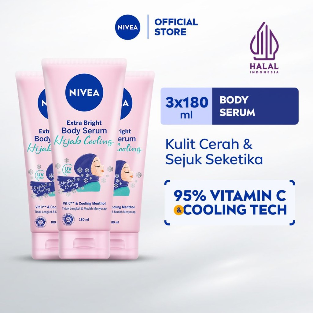 (PAKET HEMAT ISI 3) NIVEA Body Serum Extra Bright Hijab Cooling 180ml - Hand body serum lotion moisturizer mencerahkan kulit kusam badan glowing brightening tone up melembabkan kering halal - 95% Vitamin C, UVA UVB Filter, Peppermint menthol, 0% alkohol
