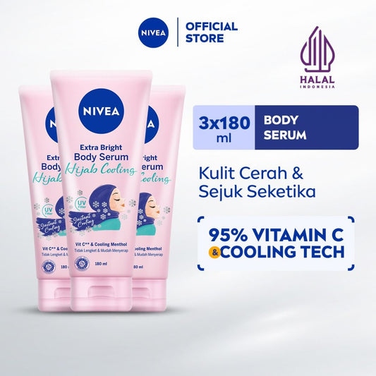 (PAKET HEMAT ISI 3) NIVEA Body Serum Extra Bright Hijab Cooling 180ml - Hand body serum lotion moisturizer mencerahkan kulit kusam badan glowing brightening tone up melembabkan kering halal - 95% Vitamin C, UVA UVB Filter, Peppermint menthol, 0% alkohol