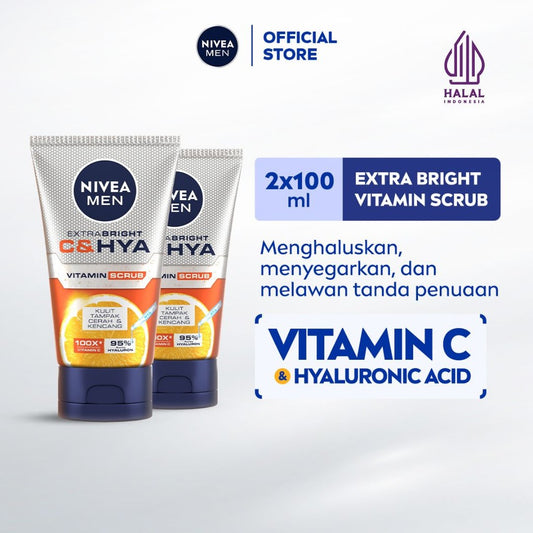 (PAKET HEMAT ISI 2) NIVEA MEN Vitamin Scrub Extra Bright C&HYA 100ml - Sabun cuci muka pria scrub mencerahkan angkat sel kulit mati brightening kulit kusam pembersih wajah cerah membersihkan pori pori polusi debu kotoran - Vitamin C, Hyaluronic acid