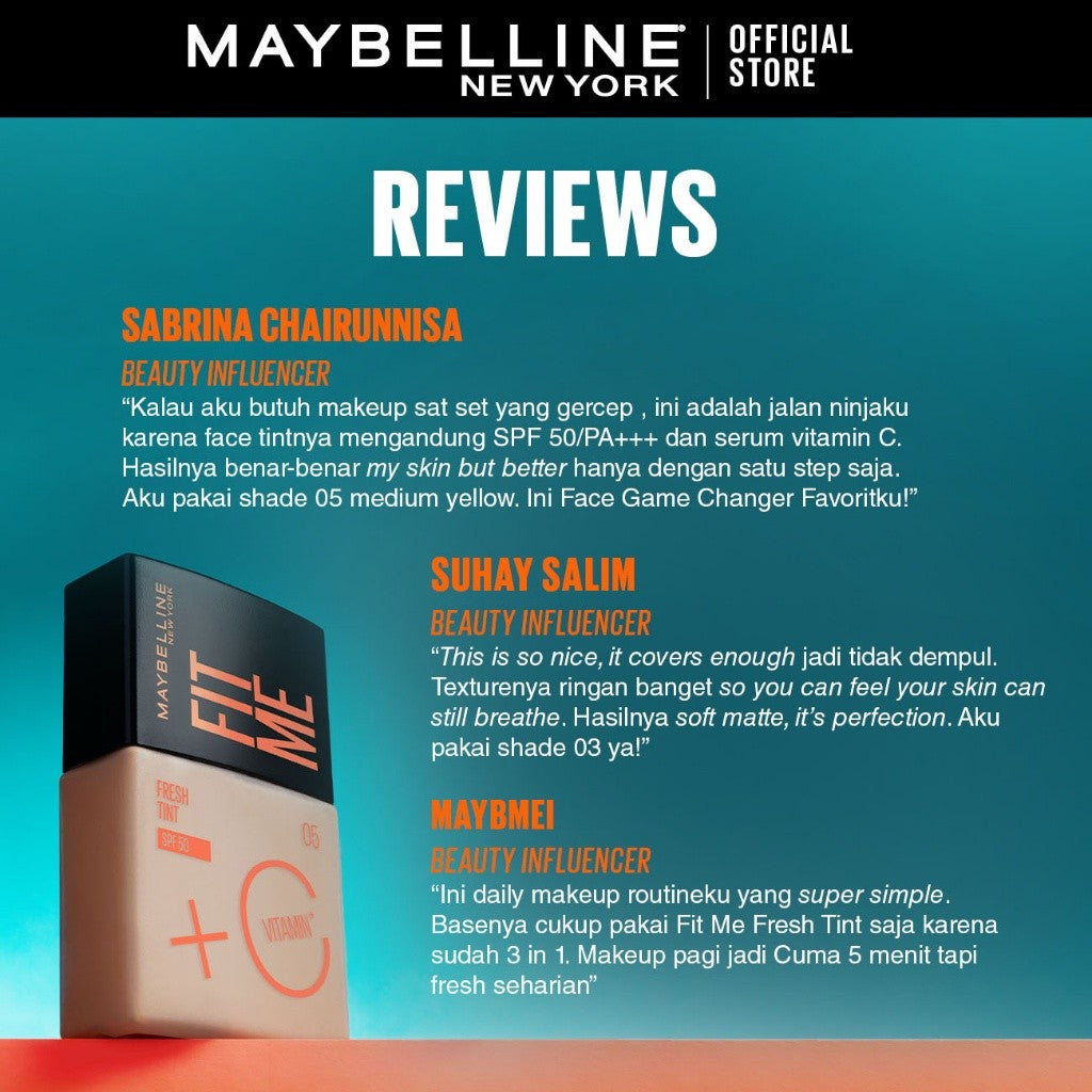MAYBELLINE OFFICIAL Fit Me Fresh Tint 3 IN 1 30ml Skin Tint Foundation Tinted Sunscreen SPF 50 PA+++ Vitamin C Serum Face Makeup Natural Cushion Foundation Bedak Padat Concealer BB Cream Foundation Waterproof Skin Tint Fondation Sunblock