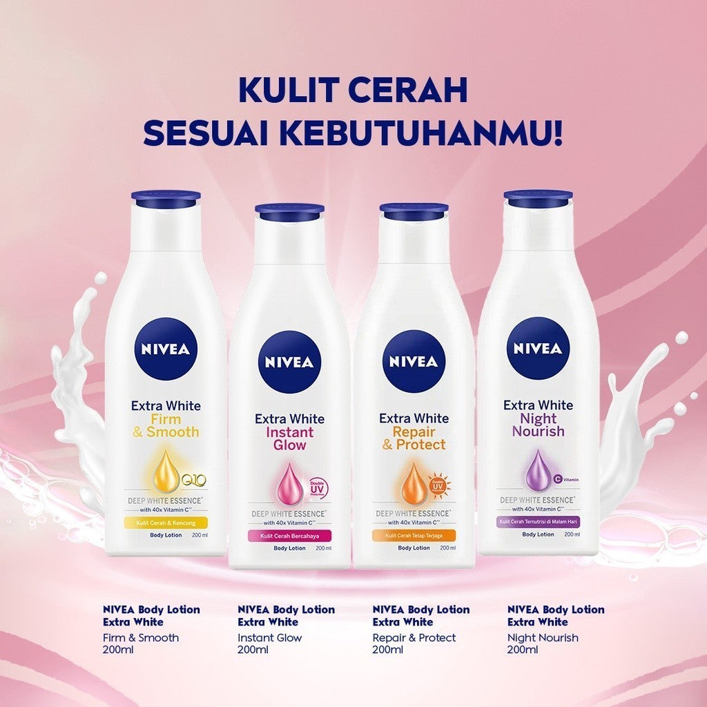 NIVEA Body Lotion Extra Bright Firm & Smooth Q10 190ml - Hand body lotion moisturizer mencerahkan kulit halus lembut badan mengencangkan kulit kendur kencang melembabkan kering anti aging penuaan dini - 40x Vitamin C, UVA UVB Filter, 8 Super food
