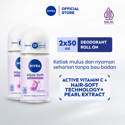 (PAKET HEMAT ISI 2) NIVEA Deodorant Roll On Brightening Hijab Soft 50ml - Deodoran wanita hijab halal mencerahkan brightening kullit lembut mengurangi frekuensi cukur bulu ketiak wangi segar seharian - Antiperspiran, Vitamin C, Ekstrak Mutiara, 0% alkohol