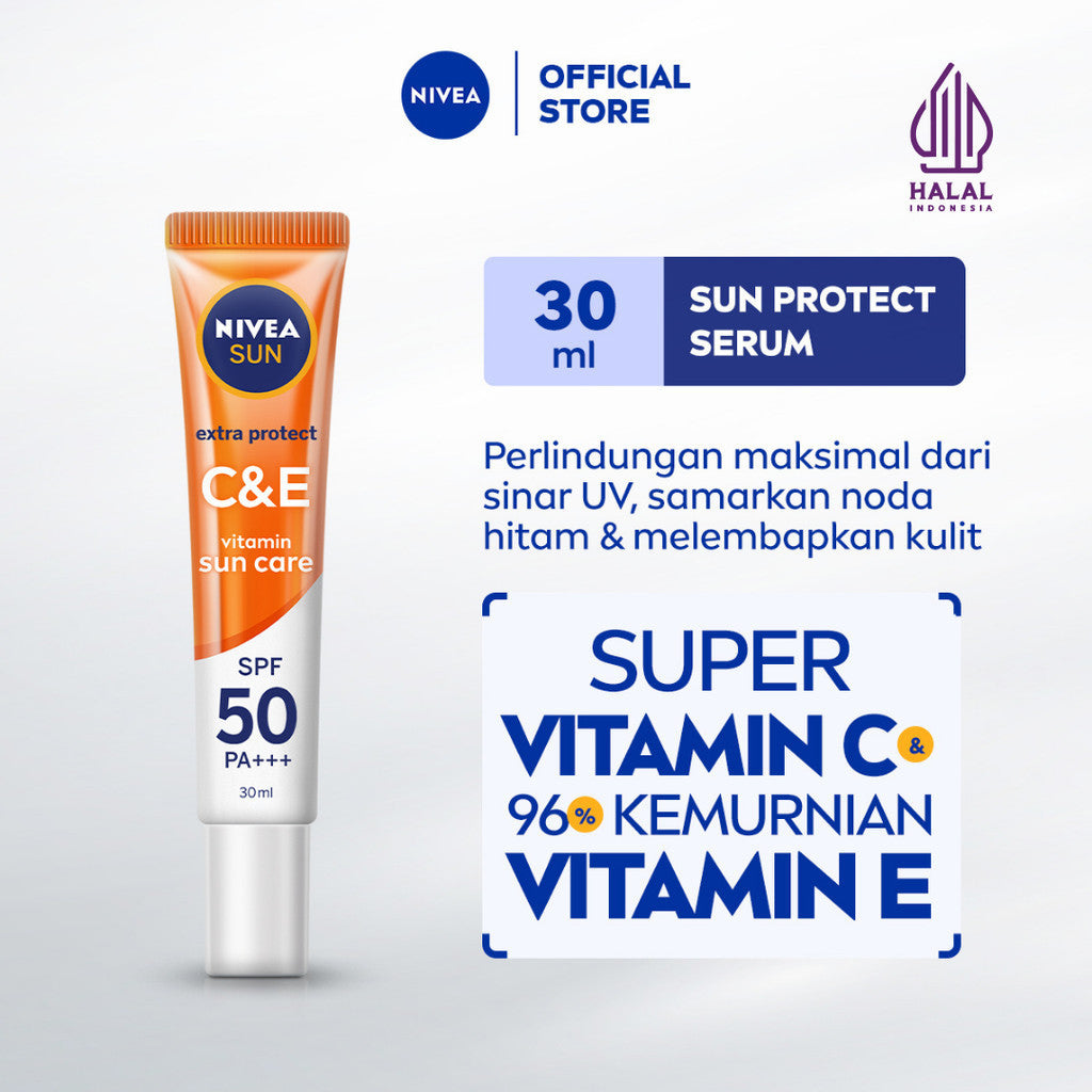 NIVEA SUN Sunscreen Face Serum Extra Protect C&E SPF50+ PA+++ 30ml - Sunscreen wajah serum sunblock mencerahkan brightening tone up SPF UV harian lightweight gel tekstur ringan cepat meresap tidak lengket no whitecast - Vitamin C, Vitamin E