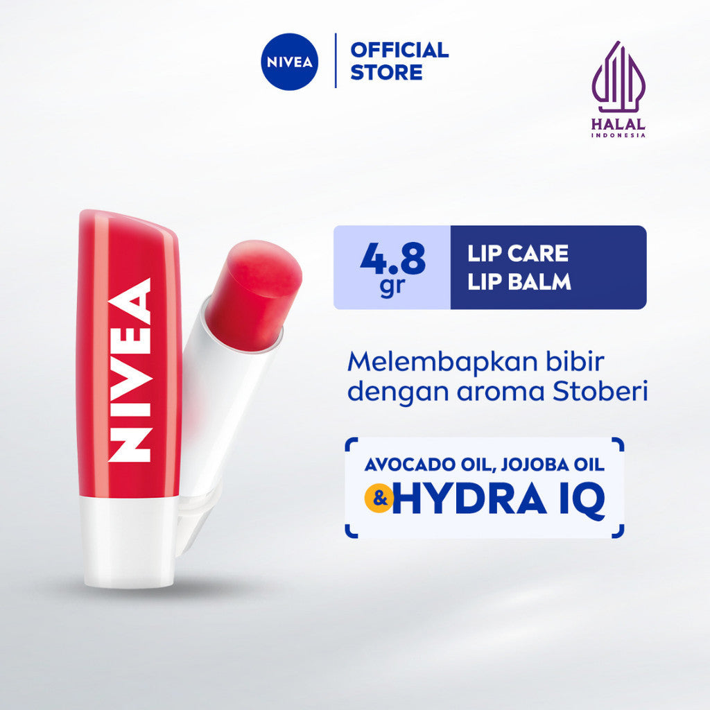 NIVEA Lip Balm Strawberry Shine 4.8gr - Pelembap bibir warna pink tinted pigmented melembabkan plumpy kering pecah-pecah tahan lama melindungi bibir natural intensif lembap tidak lengket tidak berminyak glossy - Avocado Oil, Jojoba Oil, Hydra IQ
