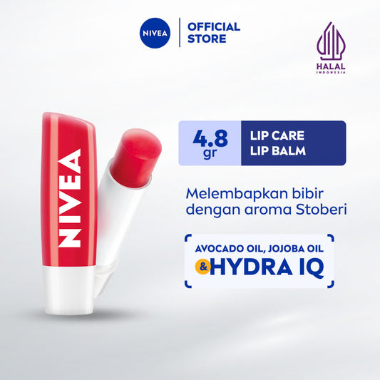 NIVEA Lip Balm Strawberry Shine 4.8gr - Pelembap bibir warna pink tinted pigmented melembabkan plumpy kering pecah-pecah tahan lama melindungi bibir natural intensif lembap tidak lengket tidak berminyak glossy - Avocado Oil, Jojoba Oil, Hydra IQ