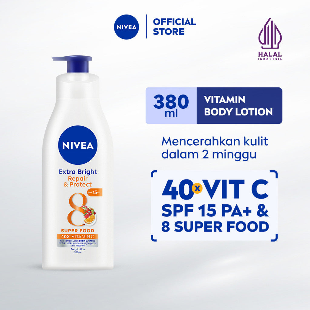 NIVEA Body Lotion Extra Bright Repair & Protect SPF15 380ml - Hand body lotion moisturizer mencerahkan kulit kusam rusak badan glowing brightening tone up melembabkan kering SPF UV matahari sunscreen - 40x Vitamin C, Grapeseed oil, 8 Super food