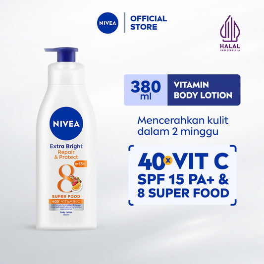 NIVEA Body Lotion Extra Bright Repair & Protect SPF15 380ml - Hand body lotion moisturizer mencerahkan kulit kusam rusak badan glowing brightening tone up melembabkan kering SPF UV matahari sunscreen - 40x Vitamin C, Grapeseed oil, 8 Super food
