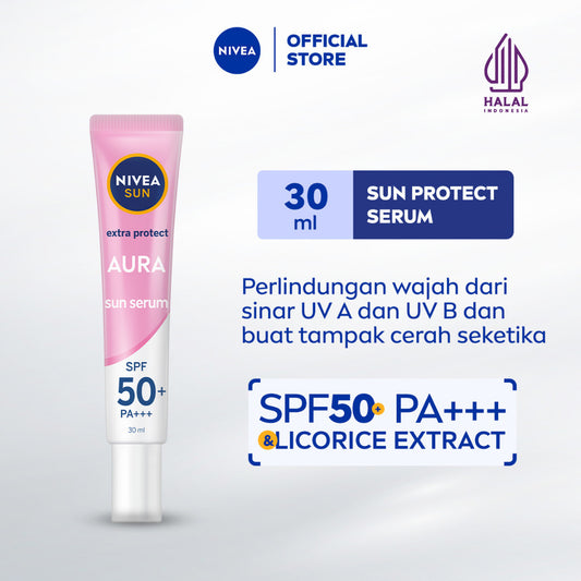 NIVEA SUN Sunscreen Face Serum Extra Protect Instant Aura SPF50+ PA+++ 30ml - Sunscreen wajah serum sunblock mencerahkan brightening tone up SPF UV harian lightweight gel tekstur ringan cepat meresap tidak lengket no whitecast - Licorice Extract