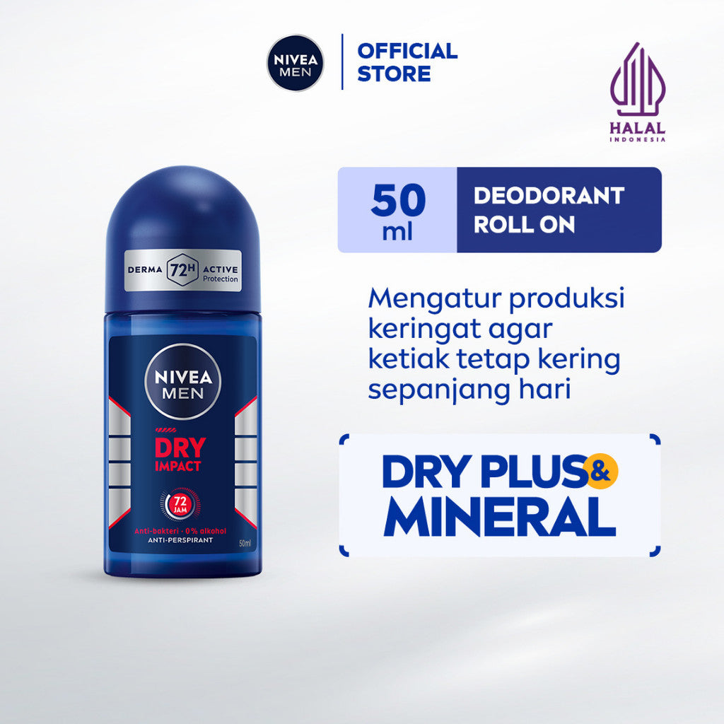 NIVEA MEN Deodorant Roll On Dry Impact 50ml - Deodoran pria anti bakteri antiperspirant anti noda baju wangi segar ketiak kering tahan lama seharian tahan keringat anti bau - Antiperspiran, tidak mengandung ethyl alkohol