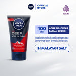NIVEA MEN Facial Foam Deep Acne Oil Clear Face Scrub 100ml - Sabun cuci muka pria scrub wajah membersihkan bakteri penyebab jerawat komedo mengontrol kulit berminyak mengecilkan pori dan mengangkat sel kulit mati - Himalayan Salt, Salicylic Acid