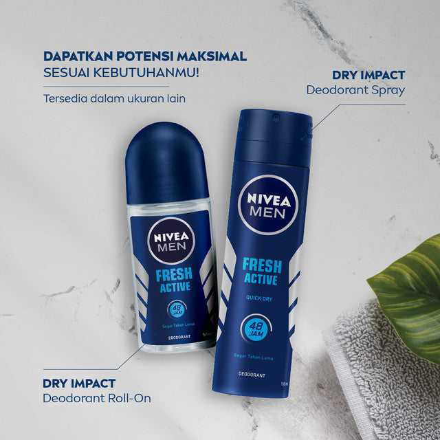 NIVEA MEN Deodorant Roll On Fresh Active 50ml - Deodoran pria anti bakteri antiperspirant anti noda baju wangi segar ketiak kering tahan lama seharian tahan keringat anti bau - Antiperspiran, tidak mengandung ethyl alkohol
