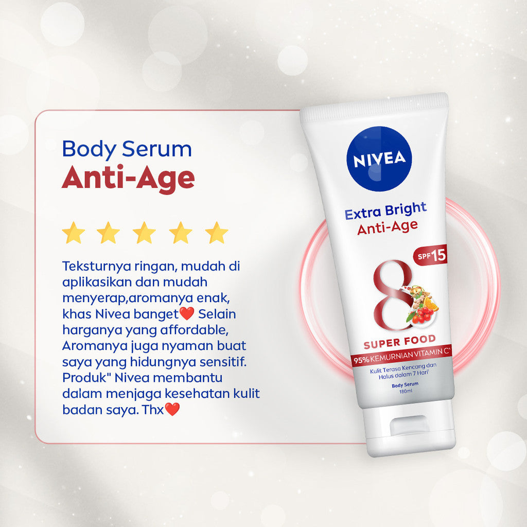 (PAKET HEMAT ISI 3) NIVEA Body Serum Extra Bright Anti Age SPF 15 180ml - Hand body serum moisturizer mencerahkan kulit halus lembut badan mengencangkan kulit kendur melembabkan kering anti aging penuaan dini - 95% Vitamin C, UVA UVB Filter, 8 Super food