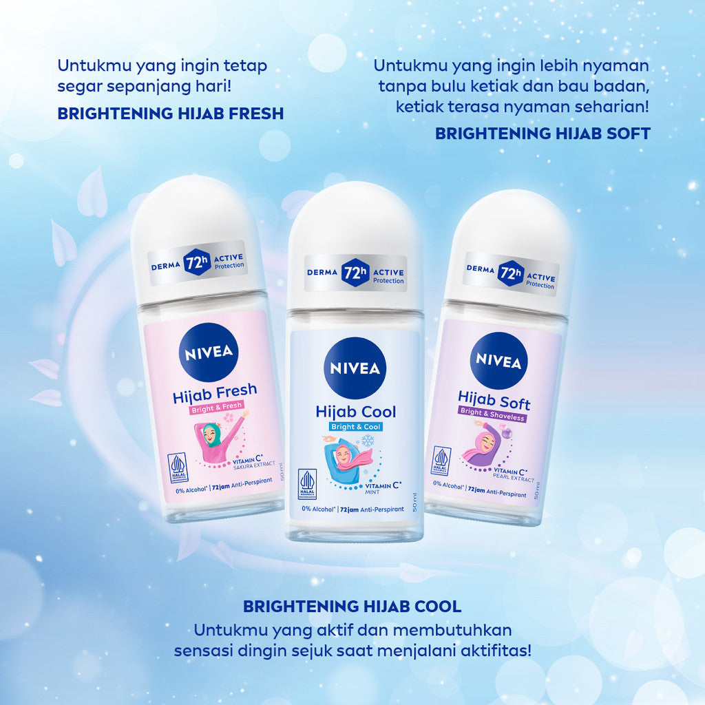 (PAKET HEMAT ISI 3) NIVEA Deodorant Roll On Brightening Hijab Soft 50ml - Deodoran wanita hijab halal mencerahkan brightening kullit lembut mengurangi frekuensi cukur bulu ketiak wangi segar seharian - Antiperspiran, Vitamin C, Ekstrak Mutiara, 0% alkohol