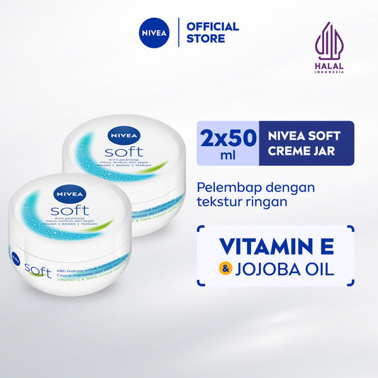(PAKET HEMAT ISI 2) NIVEA Cream Moisturizer Soft Creme Jar 50ml - Hand body krim cream mositurizer multifungsi jar putih body care kulit kering kasar badan wajah muka sikut tumit memperbaiki skin barrier pelembab kulit - Vitamin E, Jojoba Oil