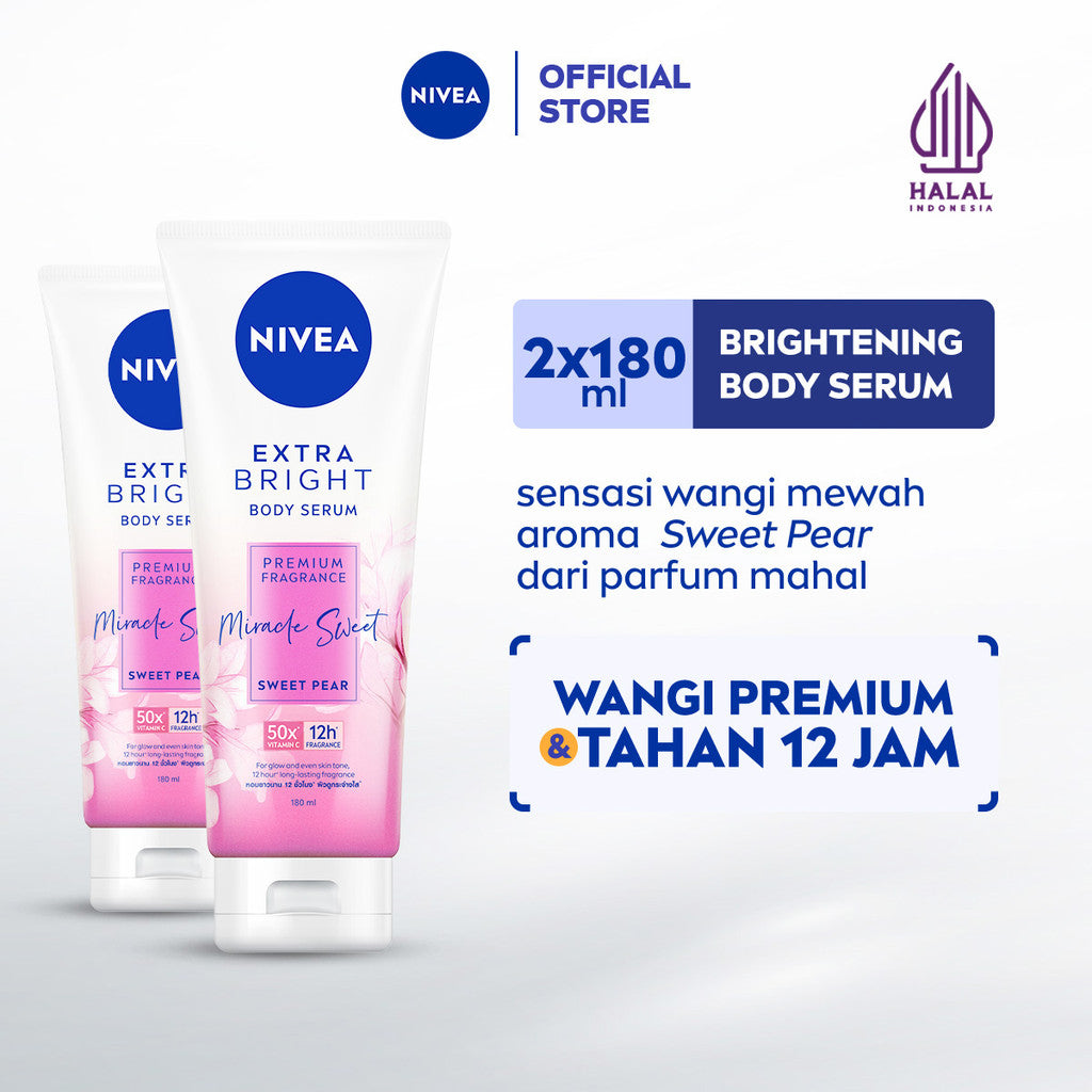 (PAKET HEMAT ISI 2) NIVEA Body Serum Extra Bright Premium Fragrance Miracle Sweet 180ml - Hand body serum lotion moisturizer wangi parfum mahal kalem tahan lama mencerahkan kulit kusam badan glowing brightening tone up melembabkan kering - 50x Vitamin C