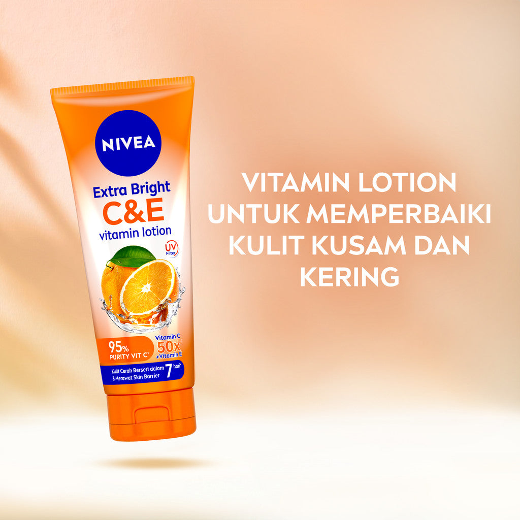 NIVEA Body Lotion Extra Bright C&E Vitamin Lotion UV Filter 180ml - Hand body serum lotion moisturizer mencerahkan kulit kusam badan glowing brightening tone up melembabkan kering - 50x Vitamin C & E, UVA UVB Filter