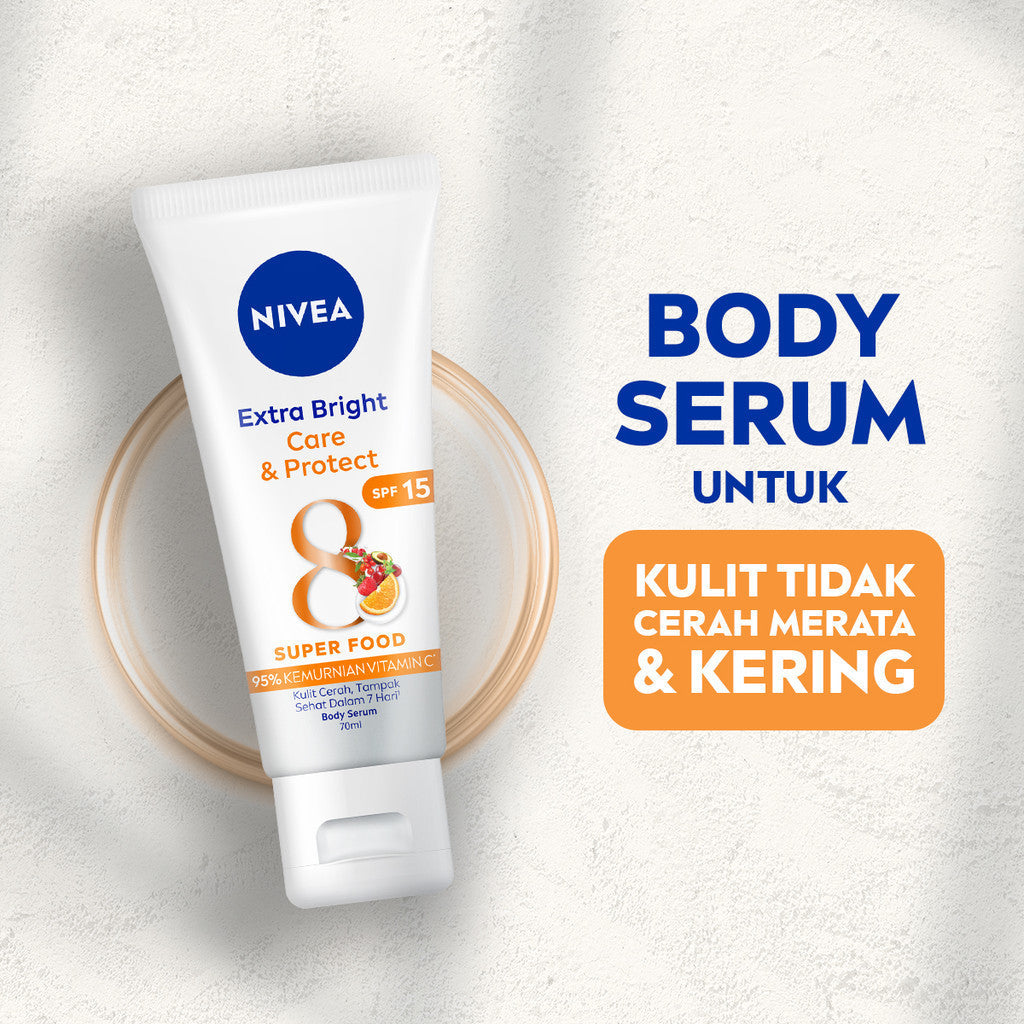 NIVEA Body Serum Extra Bright Care & Protect SPF 15 70ml - Hand body serum lotion moisturizer mencerahkan kulit kusam badan glowing brightening tone up melembabkan kering SPF UV matahari sunscreen - 95% Vitamin C, Grapeseed Oil, 8 Super food