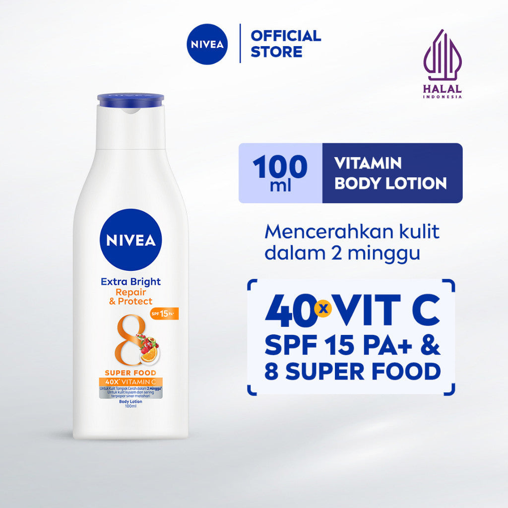 NIVEA Body Lotion Extra Bright Repair & Protect SPF15 100ml - Hand body lotion moisturizer mencerahkan kulit kusam rusak badan glowing brightening tone up melembabkan kering SPF UV matahari sunscreen - 40x Vitamin C, Grapeseed oil, 8 Super food