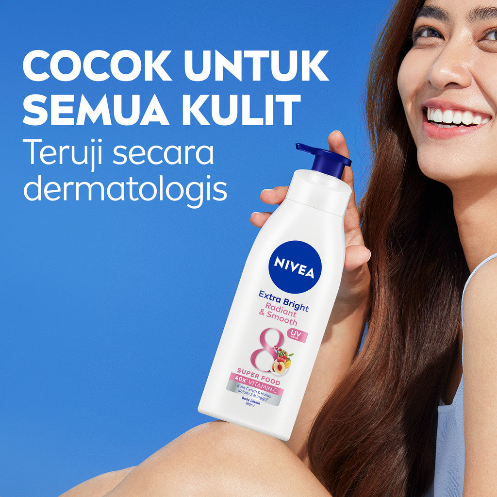NIVEA Body Lotion Extra Bright Radiant & Smooth UV Filter 380ml - Hand body lotion moisturizer mencerahkan kulit kusam halus lembut badan glowing brightening tone up serum melembabkan kulit kering - 40x Vitamin C, UVA UVB Filter, 8 Super food