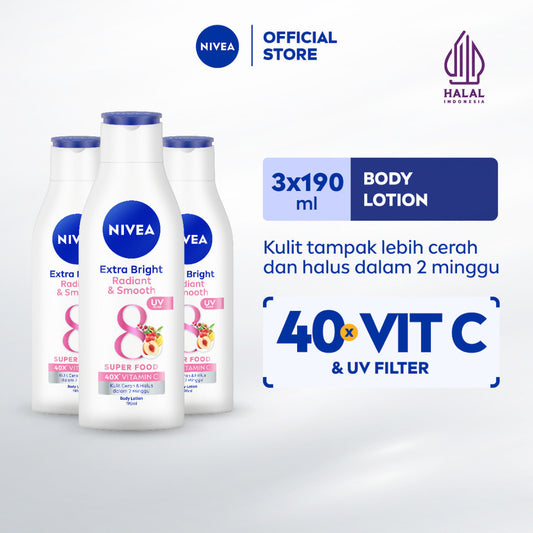 (PAKET HEMAT ISI 3) NIVEA Body Lotion Extra Bright Radiant & Smooth UV Filter 190ml - Hand body lotion moisturizer mencerahkan kulit kusam halus lembut badan glowing brightening tone up lembap kulit kering - 40x Vitamin C, UVA UVB Filter, 8 Super food