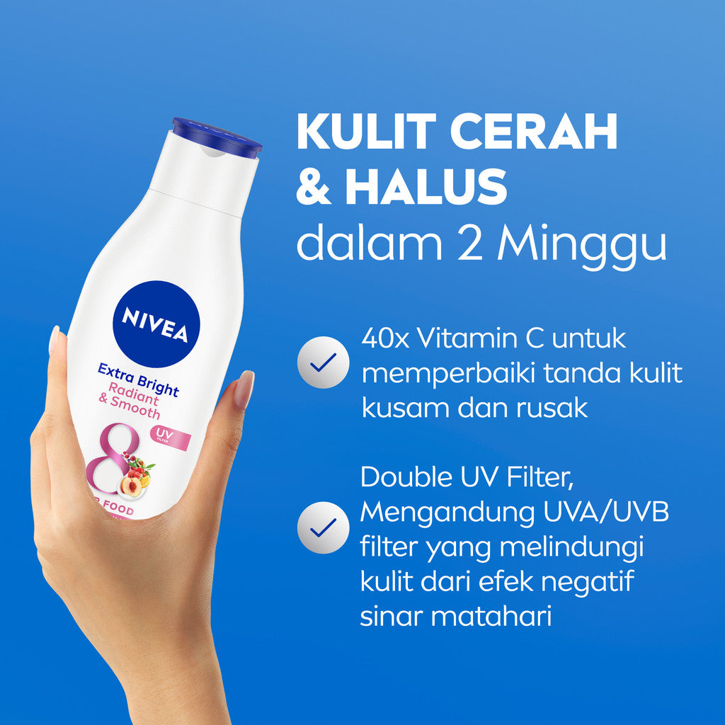 (PAKET HEMAT ISI 3) NIVEA Body Lotion Extra Bright Radiant & Smooth UV Filter 190ml - Hand body lotion moisturizer mencerahkan kulit kusam halus lembut badan glowing brightening tone up lembap kulit kering - 40x Vitamin C, UVA UVB Filter, 8 Super food