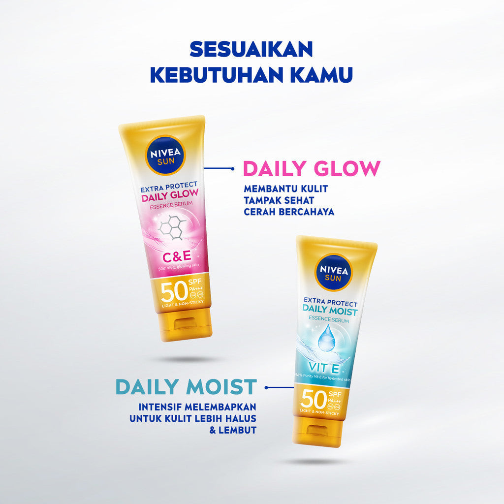 NIVEA SUN Sunscreen Body Serum Daily Glow Essence Serum SPF50+ PA+++ 180ml - Sunscreen badan serum sunblock mencerahkan SPF UV harian lightweight tekstur ringan cepat meresap tidak lengket no whitecast blue light polusi - 50x Vitamin C, Vitamin E