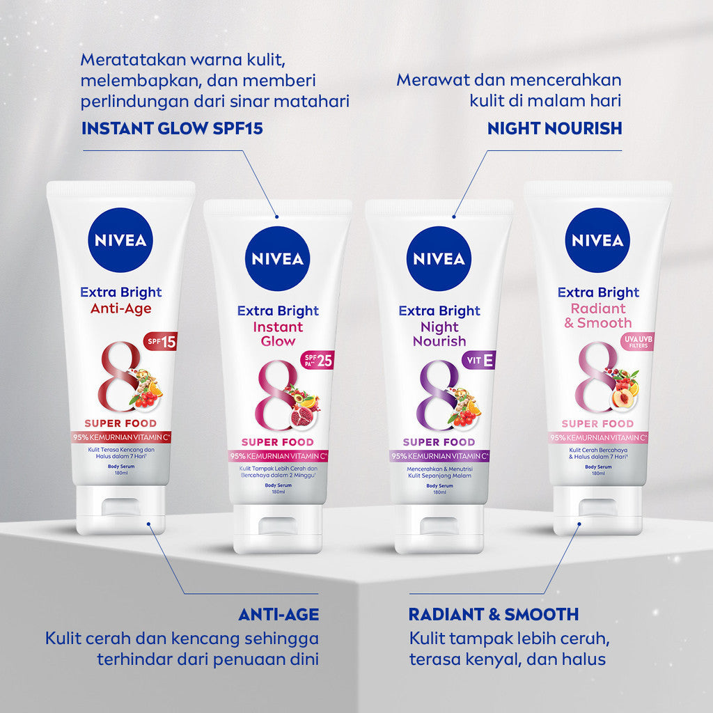 (PAKET HEMAT ISI 3) NIVEA Body Serum Extra Bright Anti Age SPF 15 180ml - Hand body serum moisturizer mencerahkan kulit halus lembut badan mengencangkan kulit kendur melembabkan kering anti aging penuaan dini - 95% Vitamin C, UVA UVB Filter, 8 Super food