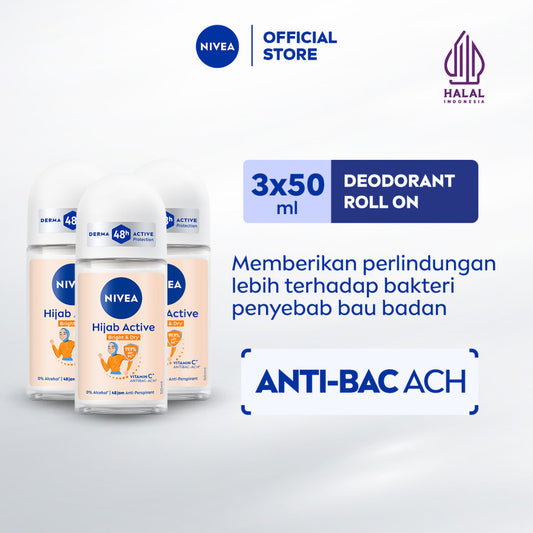 (PAKET HEMAT ISI 3) NIVEA Deodorant Roll On Brightening Anti Bacterial 50ml - Deodoran wanita hijab antiperspirant dan anti bakteri tahan bau keringat badan dengan wangi segar tahan lama seharian - Micro Vitamin C, 0% alkohol cocok untuk semua jenis kulit