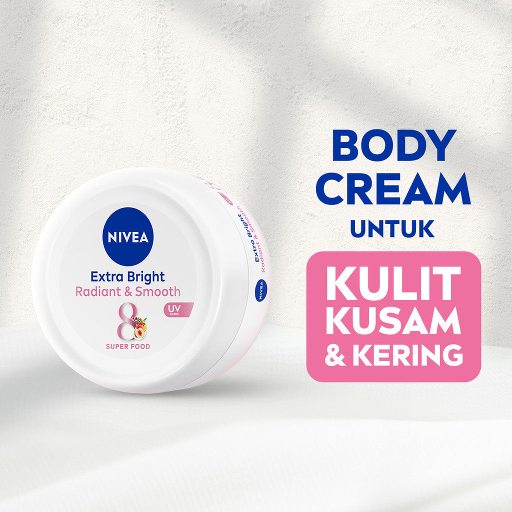 (PAKET HEMAT ISI 3) NIVEA Body Cream Extra Bright Radiant & Smooth UV Filter 100ml - Hand body krim lotion moisturizer mencerahkan kulit kusam halus lembut badan glowing brightening tone up lembap kulit kering - 40x Vitamin C, UVA UVB Filter, 8 Super food