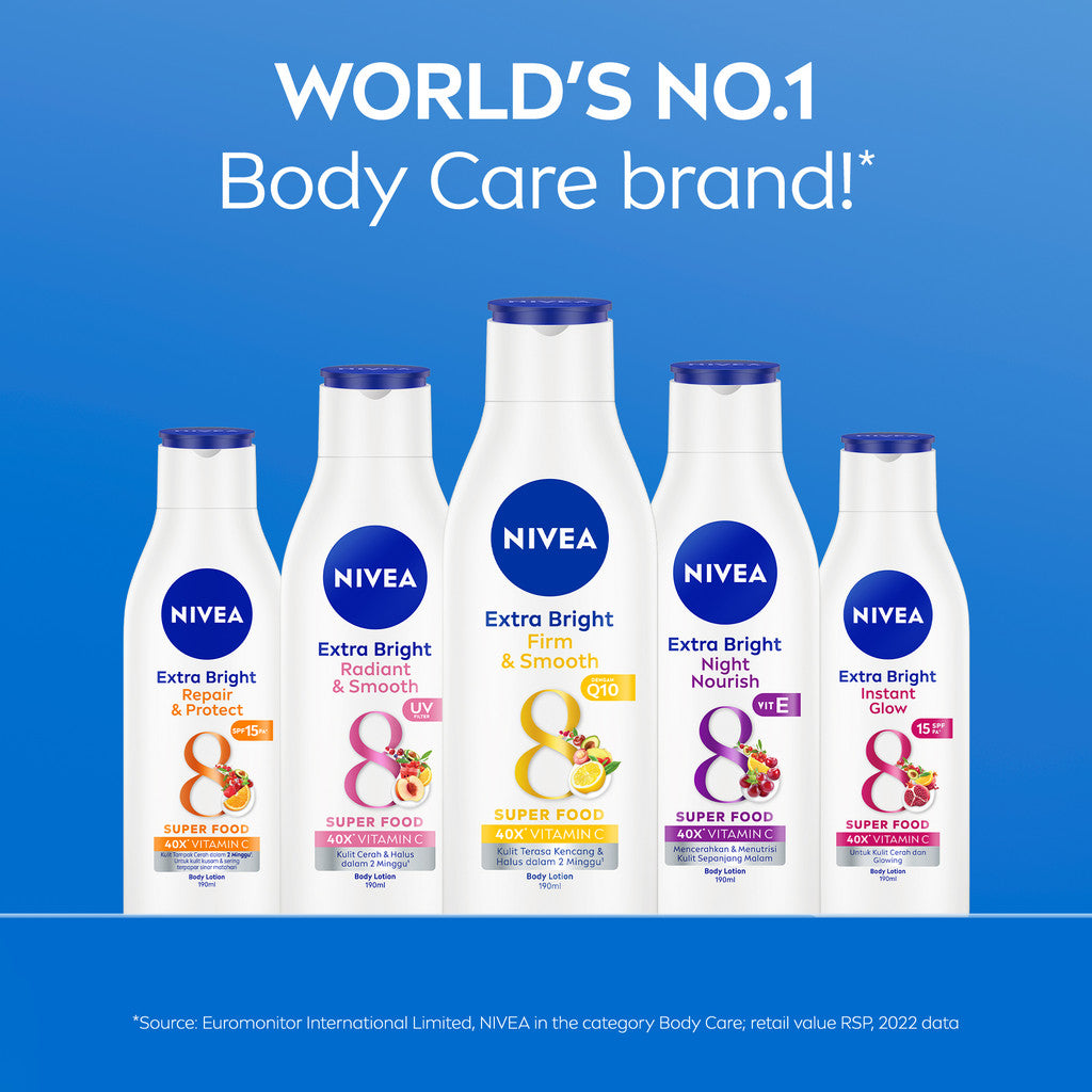 NIVEA Body Lotion Extra Bright Firm & Smooth Q10 190ml - Hand body lotion moisturizer mencerahkan kulit halus lembut badan mengencangkan kulit kendur kencang melembabkan kering anti aging penuaan dini - 40x Vitamin C, UVA UVB Filter, 8 Super food