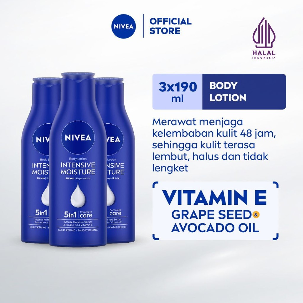 (PAKET HEMAT ISI 3) NIVEA Body Lotion Intensive Moisture 190ml - Hand body lotion mositurizer 48 jam body care kulit kering kasar bersisik pecah-pecah memperbaiki skin barrier pelembab melembutkan badan - Vitamin E, Grapeseed oil, Avocado oil, Hydra IQ