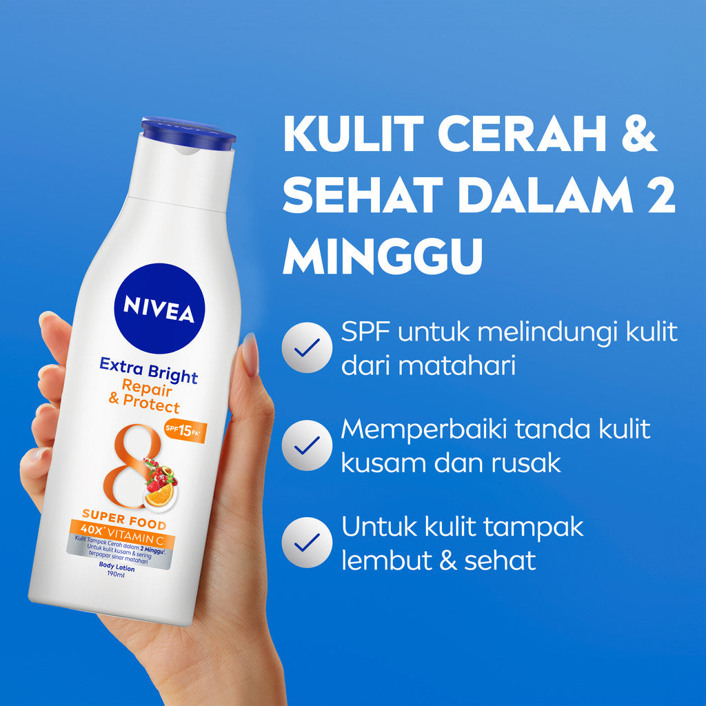 (PAKET HEMAT ISI 3) NIVEA Body Lotion Extra Bright Repair & Protect SPF15 190ml - Hand body lotion moisturizer mencerahkan kulit kusam rusak badan glowing brightening tone up melembabkan kering SPF UV sunscreen - 40x Vitamin C, Grapeseed oil, 8 Super food
