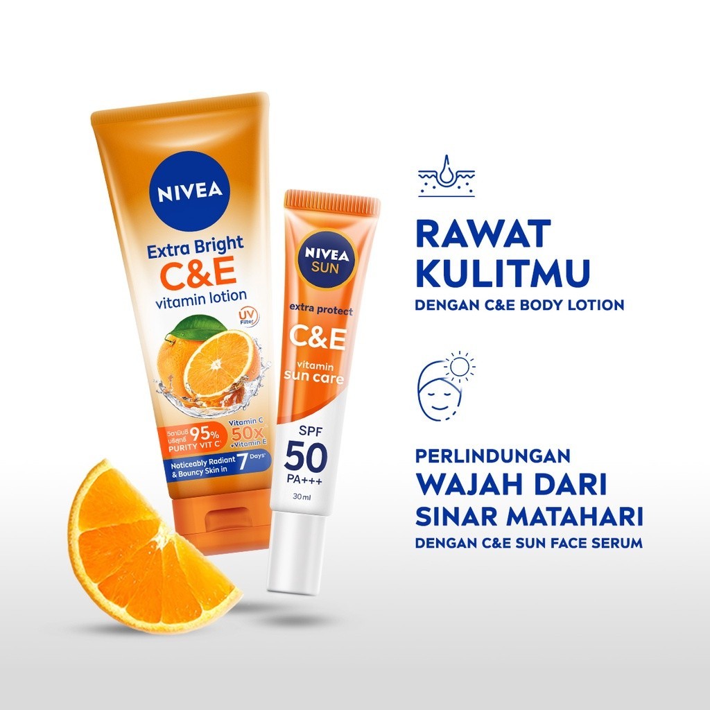 (PAKET HEMAT ISI 2) NIVEA Body Lotion Extra Bright C&E Vitamin Lotion UV Filter 320ml - Hand body serum lotion moisturizer mencerahkan kulit kusam badan glowing brightening tone up melembabkan - 50x Vitamin C & E, Glutathione, Niacinamide, UVA UVB Filter